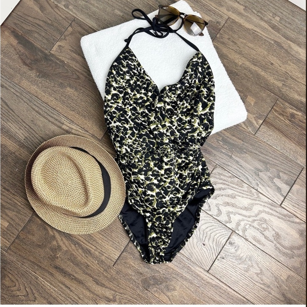 J. Crew Tie Halter Neck One Piece Swimsuit Green Black Abstract Print 6